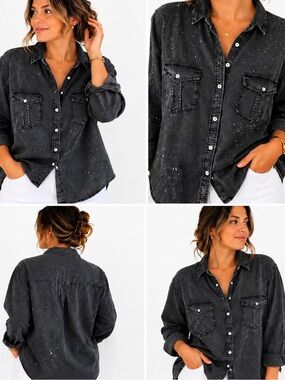 American Eagle Boyfriend Fit Black Lyocell Button Front Shirt XL NWT